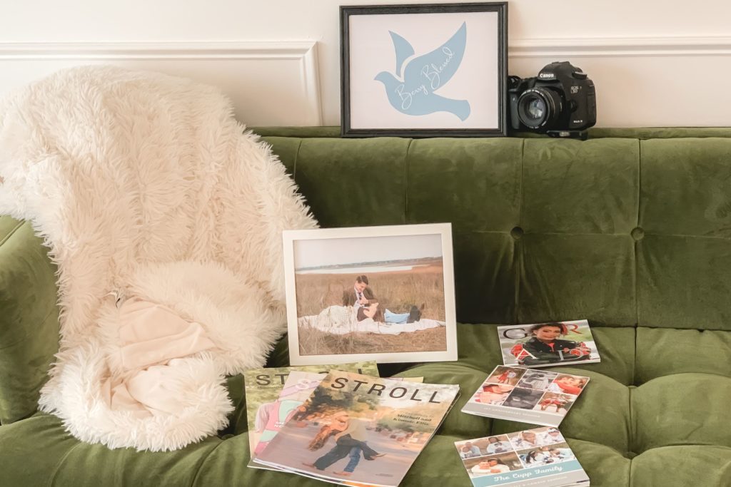 Image is of a couch with sample artwork, magazines, and BBP's logo